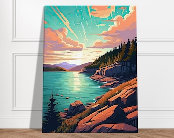 Acadia National Park Lake Sunset - Decorative canvas wall frame, wall art painting, landscape decoration, Acadia digital painting