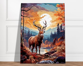 Canvas - Stag in the Canadian forest in Autumn - Animal decorative wall art painting, Deer wall decor frame ideal for cottage, stag print