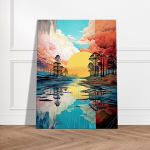 Pastel surreal lake, clouds and sun landscape - Decorative canvas wall frame, wall decoration, wall art, living room decor, surrealism