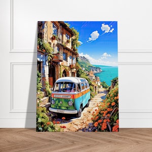 Van Vw Combi Italian coast - Retro adventure decorative canvas wall frame, Volkswagen decoration painting, Italy camper wall art