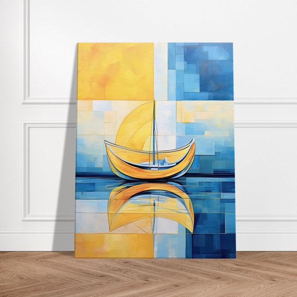 Petit voilier sur la mer Abstrait Jaune et bleu - Cadre mural toile décorative peinture art abstrait - Tableau décoration Bateau mer océan