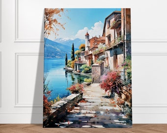 On the banks of Lake Como - Decorative canvas wall frame Italy lake landscape, decoration painting, wall art, Italian lake painting, decor