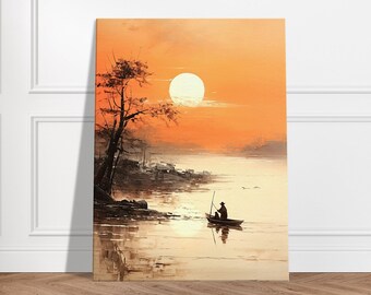 Tranquil River Sunset Canvas Art | Peaceful Fisherman Landscape Painting | Nature Wall Art for Living Room, Office, or Bedroom