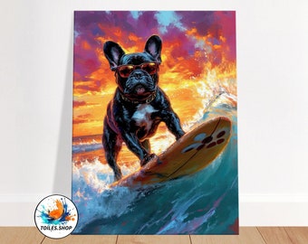French Bulldog Surfer Canvas, Surfing on the Wave at Sunset, Funny