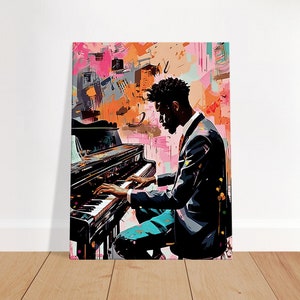 Toile vibrante colorée d'un pianiste élégant, capturant l'essence de la musique jazz pour une décoration murale sophistiquée dans un salon ou studio de musique. Peinture d'art moderne et musicale