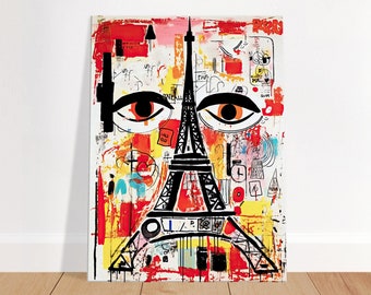 Basquiat Quadro Arte Astratta Parigi Torre Eiffel – Cornice Moderna da Parete Rossa, Quadro su Tela Jean Michel Basquiat