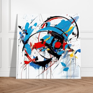 Könnte beinhalten: Abstraktes Gemälde mit kräftigen Strichen in Schwarz, Rot, Blau und Gelb auf weißem Hintergrund. Das Gemälde zeigt eine große, kreisförmige Form in der Mitte, mit kleineren, wirbelnden Formen darum herum.