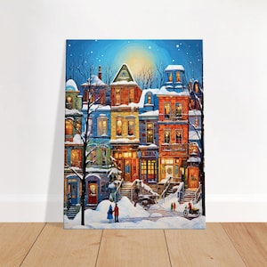 Toile Peinture Hivernale Noël Montréal - Art mural hiver Montréal sous la neige, cadre décoratif Noël, art hiver, décoration murale hiver