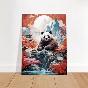 Panda and Asian Waterfall Canvas - Traditional Chinese Art - Panda painting, Chinese decoration, Chinese landscape, Asian Zen wall art