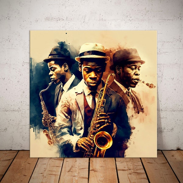 Tableau jazz Musiciens saxophonistes, cadre mural peinture saxophone et musique jazz