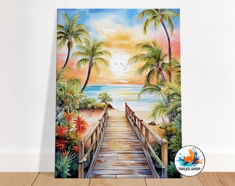 Watercolor painting Tropical Beach and palm trees - Beach landscape Wall art print - seaside caribbean wall decor