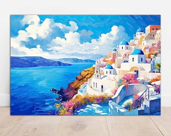Santorini, Blue Mediterranean wall art, horizon of Greece Canvas - Greek Landscape Painting print