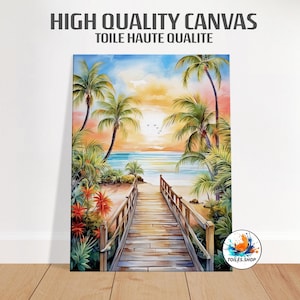 Watercolor painting Tropical Beach and palm trees - Beach landscape Wall art print - seaside caribbean wall decor