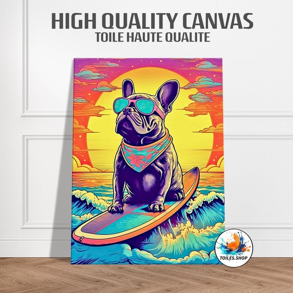 Tableau Bouledogue Français surf pop art - Cadre mural chien vintage, cadeau bouledogue et plage