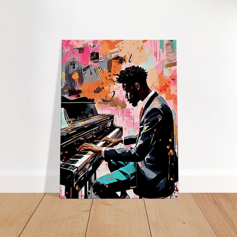 Toile vibrante colorée d'un pianiste élégant, capturant l'essence de la musique jazz pour une décoration murale sophistiquée dans un salon ou studio de musique. Peinture d'art moderne et musicale