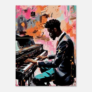 Cette toile artistique d'un pianiste en pleine performance, capturée dans un style abstrait et coloré, est parfaite pour ajouter une touche de sophistication et d'inspiration musicale à tout intérieur