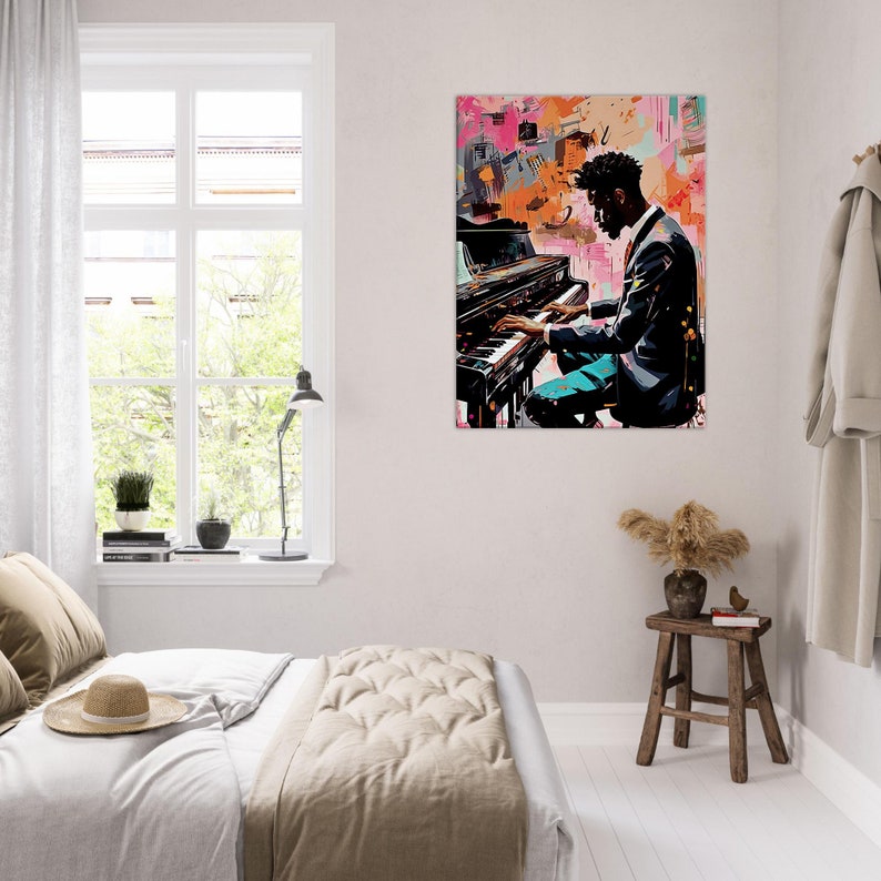 Toile moderne d'un pianiste jazz, aux couleurs vives, parfaite pour ajouter une ambiance musicale et artistique à une chambre contemporaine ou un coin lecture stylé.