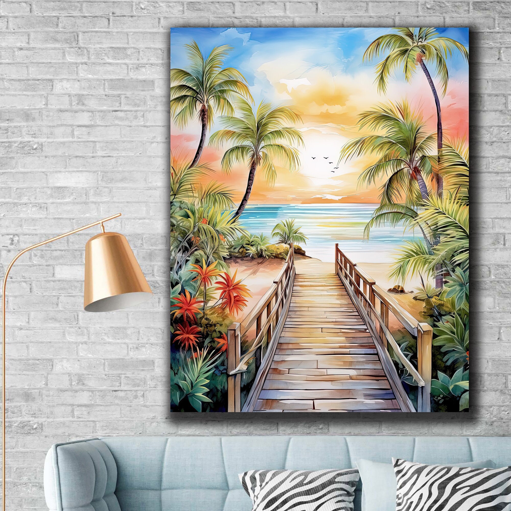 Watercolor Painting Tropical Beach and Palm Trees Beach Landscape Wall