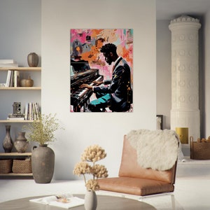 Toile d'artiste représentant un pianiste en pleine performance, mêlant passion et mélodie. Ce cadre mural ajoutera une touche de raffinement dans un salon épuré ou un espace détente musical