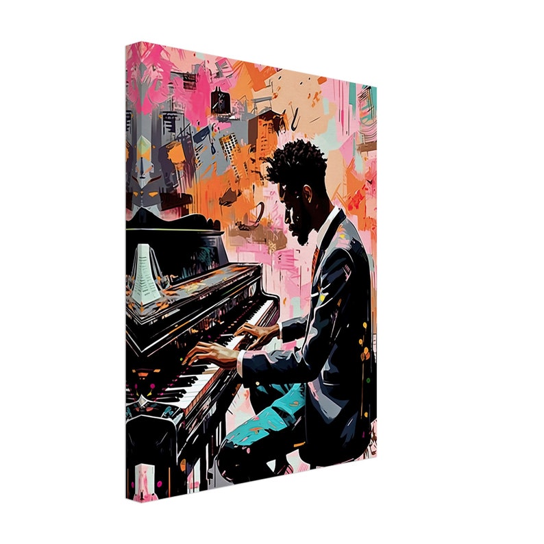 Toile vibrante de pianiste, évoquant l'énergie du jazz avec une palette de couleurs chaudes, idéale pour dynamiser un espace de vie ou un studio de musique. Vision de la toile de côté pour montrer au clients l'épaisseur du cadre