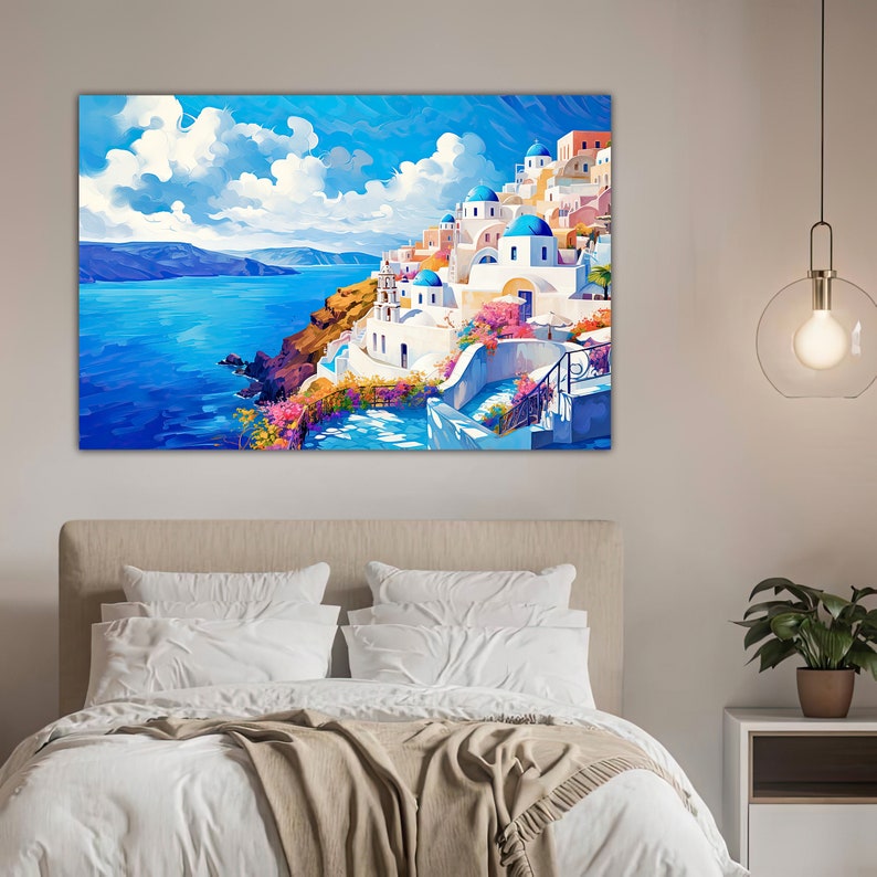 Santorini, Blue Mediterranean Wall Art, Horizon of Greece Canvas ...