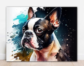 Boston Terriër canvas schilderij aquarel schilderij - hond portret, Boston Terriër frame, hondenliefhebber cadeau