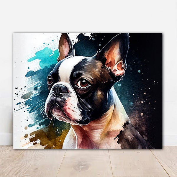 Cuadro Boston Terrier, lienzo pintura acuarela - retrato de perro, regalo de amante de los perros, marco boston terrier