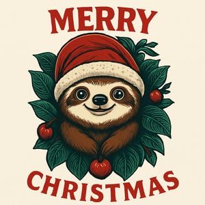 May include: A festive cartoon image of a sloth wearing a red Santa hat, framed by green leaves and red berries. The words "MERRY CHRISTMAS" are displayed above and below the sloth.