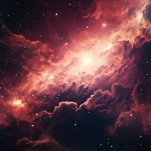 Puede incluir: Una nebulosa vibrante de color rojo y naranja con una estrella blanca brillante en el centro, rodeada de un campo de estrellas blancas brillantes sobre un fondo azul oscuro.