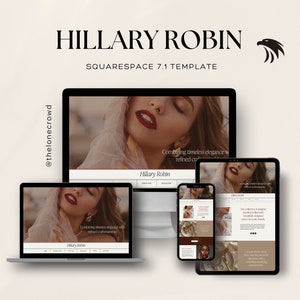 May include: A mockup of a website design for a jewelry brand called "Hillary Robin". The website is shown on a desktop computer, a tablet, and a smartphone. The website features a minimalist design with a focus on high-quality photography of the jewelry.