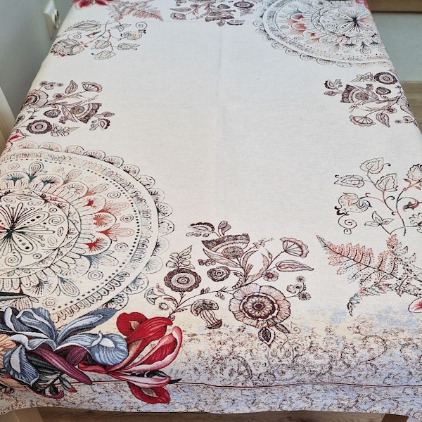 Nappe jacquard floral bohème motif vintage, nappe tapisserie rectangle fleurs de lys dans un style rustique, housse de table à manger ferme