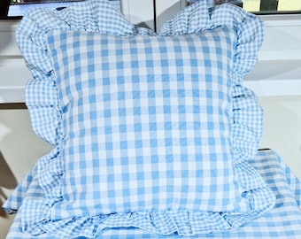 Custom Ruffle Pillow Cover Light Blue Gingham Pillow Cover Plaid Ruffle Cushion Cover French Throw Pillow Cottage Core Decorative Accent Etsy