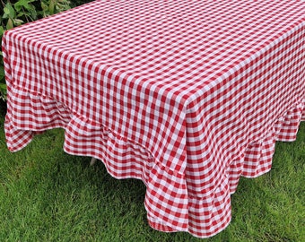 Red Gingham Ruffled Tablecloth, Custom Large Buffalo Check Rectangle Oval Square Round Table Cloth Farmhouse Christmas Table Cover 14 Colors