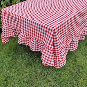 Red Gingham Ruffled Tablecloth, Custom Large Buffalo Check Rectangle Oval Square Round Table Cloth Farmhouse Christmas Table Cover 14 Colors