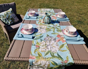 Spring Teal Table Runner with Big Flowers, Custom Size & Design Floral Table Runners, Mediterranean Coastal Kitchen Dinning Table Decor