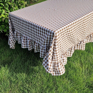 Gingham Ruffled Tablecloth Brown & 13 Colors, Custom Buffalo Check Rectangle Oval Square Round Table Cloth, Farmhouse Thanksgiving Decor