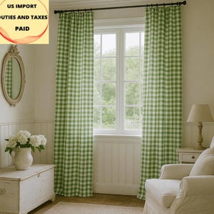 Green Gingham Curtains (Set of 2): Farmhouse Check Cotton Window Drapes