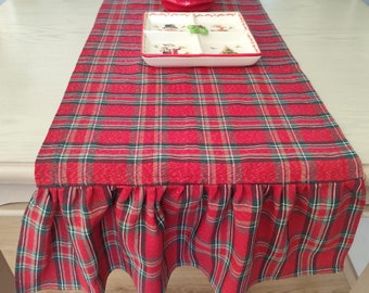Christmas Tartan Ruffle Table Runner, Shimmering Red & Green Plaid, Xmas Decor