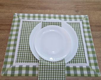 Green Gingham Placemats and Cloth Napkins, Double Sided Buffalo Plaid Cotton Dining Table Place Mat, Farmhouse Style Gift Set Table Mats