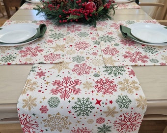 Christmas Set - Placemat and Table Runner with Snowflakes Design, Water Repellent Cotton Table Mats, Xmas Tablescape, Presents for Parents