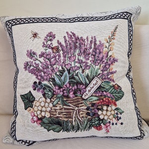 Cozy Floral Tapestry Cushion Cover with Lavender Pattern, Purple Jacquard Pillow Cover, Cottage Core Style Decorative Throw Pillow for Couch
