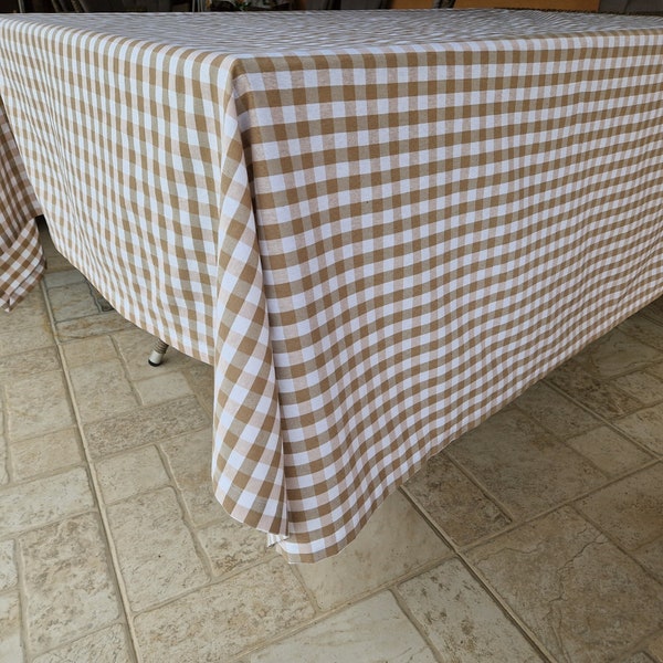 Beige Gingham Tablecloth, Custom Large or Small Round Oval Square Rectangle Checkered Table Cloth, Choice of Color for Checked Table Overlay