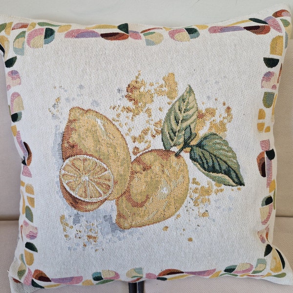 Tapisserie de créateur, taie d'oreiller citron, coussin jacquard français à motifs d'agrumes jaunes, couvre-oreiller décoratif tissé Cottage Core