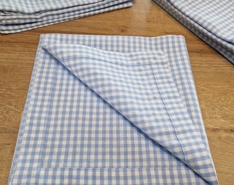 Baby Blue Gingham Cloth Napkins: Checkered Cotton, Reusable Dinner Napkins