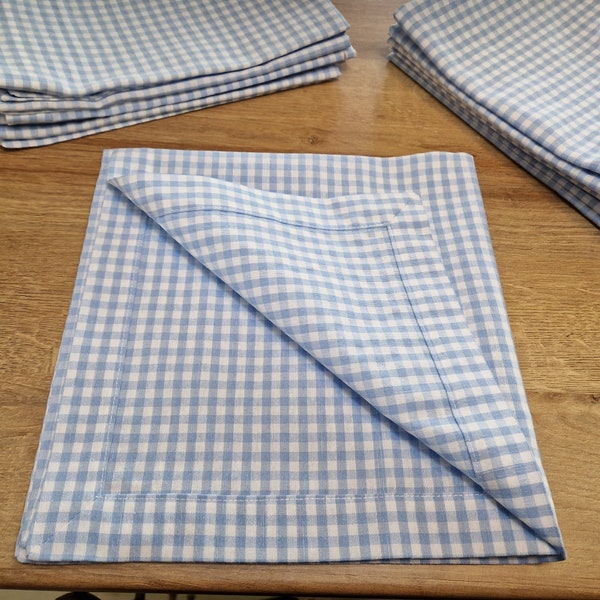 Baby Blue Gingham Cloth Napkins Set of 4, Custom Size Checkered Fabric Cotton Reusable Napkins for Dinner Wedding Party, Easter Holiday