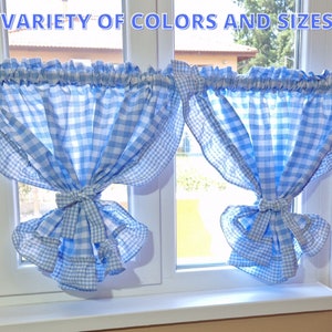 Blue Kitchen Cafe Curtains with Ruffles, Custom Size Gingham Short Curtains, Farmhouse Country Valance, Retro Ruffled Plaid Curtain Panels