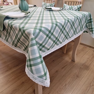 Coated Tablecloth Tartan Plaid Sage Cotton with Lace Border, Checked Square Rectangle Oval Round Table Cloth, Waterproof Table Cover