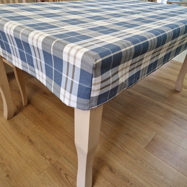 Fitted Table Cloth Rectangle or Square, Blue Coated Cotton Plaid Tablecloth, Wind Resistant Table Slipcover, Custom Made to Your Table Size