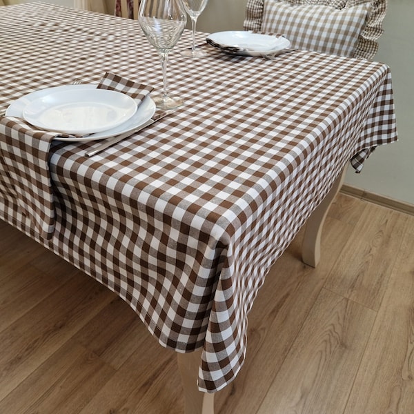 Chocolate Brown Gingham Plaid Tablecloth, Choice of Colors, Custom Checked Round Oval Rectangle Square Party Table Cloth in Farmhouse Style