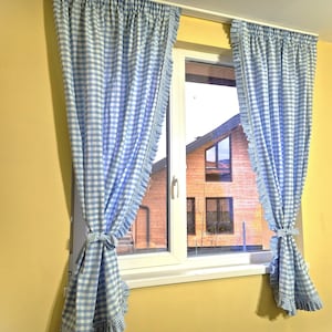 French Country Gingham Ruffle Curtains 14 Colors, Custom Set of 2 Buffalo Check Curtain Panels for Cottage Kitchen, Blue Plaid Frill Drapes